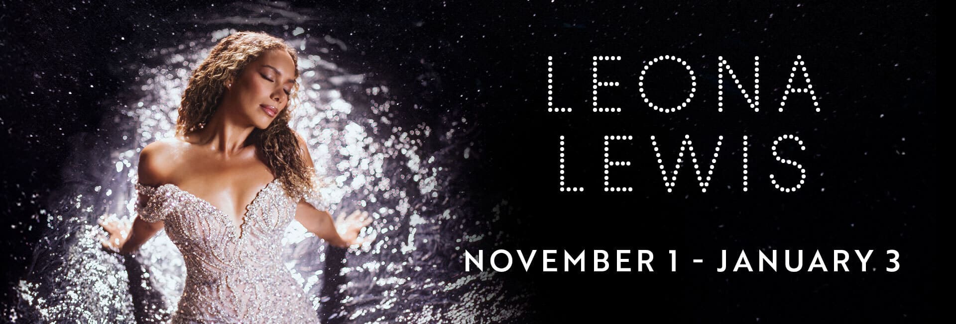 Black and white promotional image for Ashlee Simpson’s “I Am Me” show featuring the artist in a shimmering outfit on a dark gradient background. Text displays show dates: January 23–24 and January 30–31, 2026.