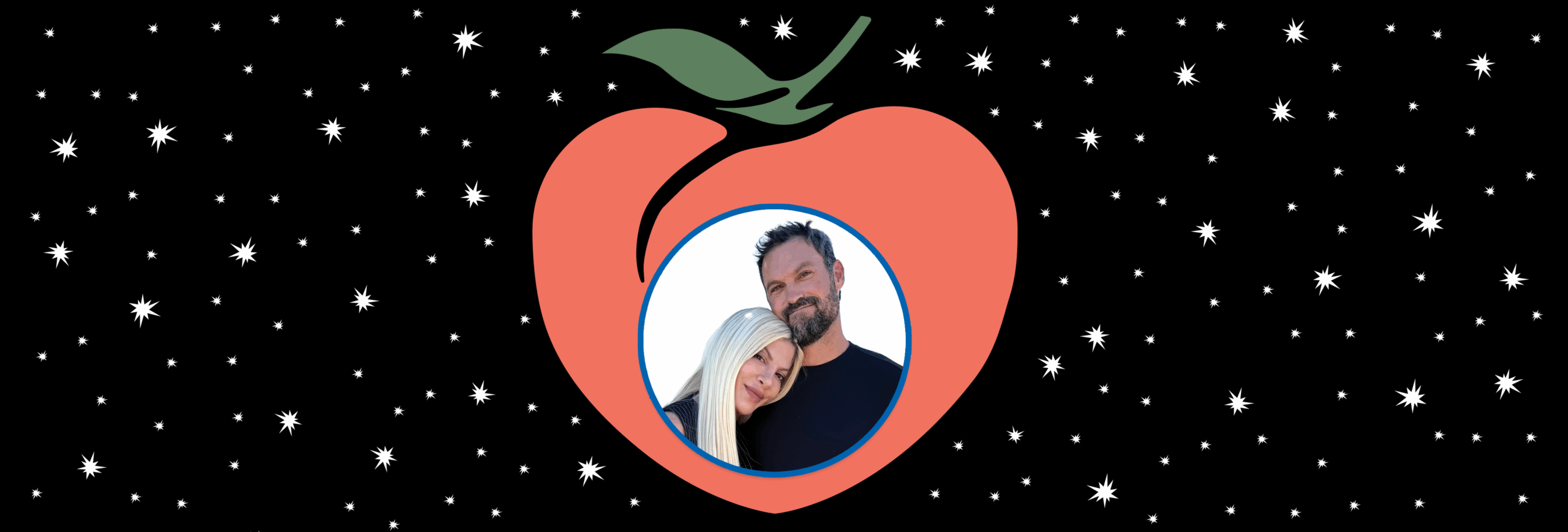 Two smiling guests posing together inside a peach illustration with starry black background, promoting a 