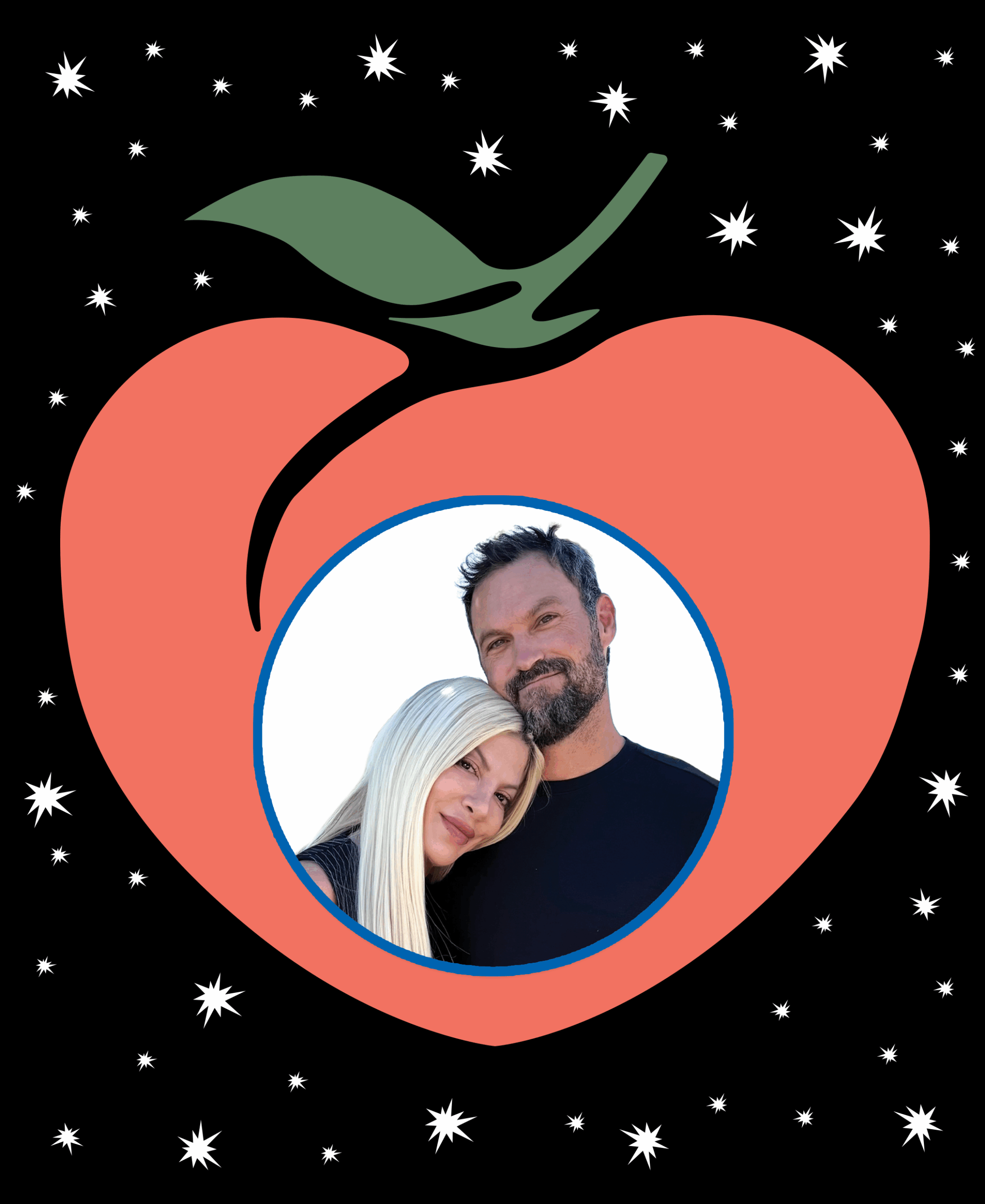 Two smiling guests posing together inside a peach illustration with starry black background, promoting a 