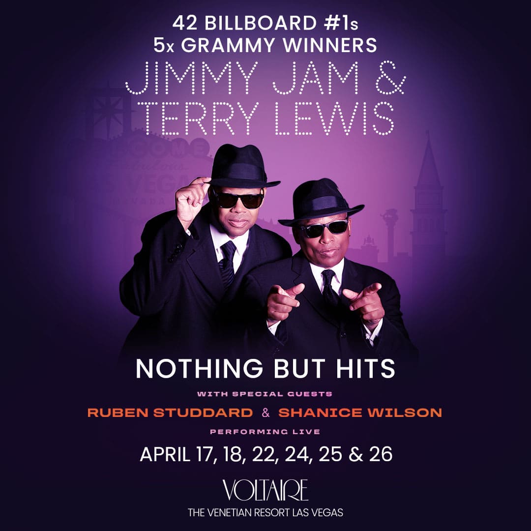 Promotional banner featuring Jimmy Jam and Terry Lewis in black suits and sunglasses, advertising “Nothing But Hits” live performances in Las Vegas with dates listed in April.