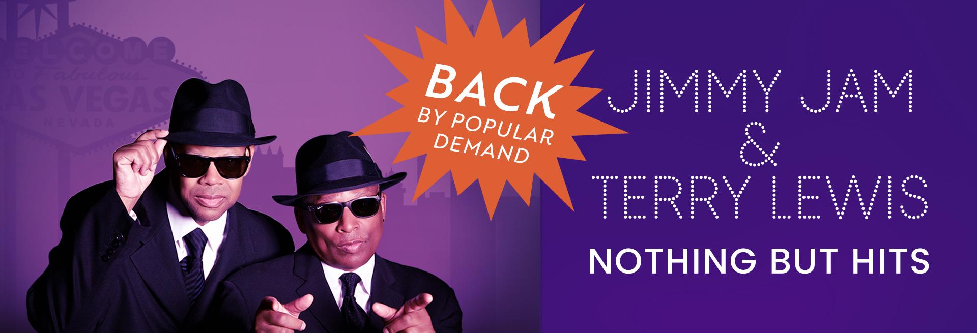 Wide promotional banner featuring Jimmy Jam & Terry Lewis with a “Back by Popular Demand” message advertising their “Nothing But Hits” performance at Voltaire.