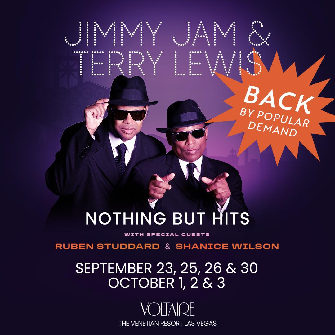 Wide promotional banner featuring Jimmy Jam & Terry Lewis with a “Back by Popular Demand” message advertising their “Nothing But Hits” performance at Voltaire.