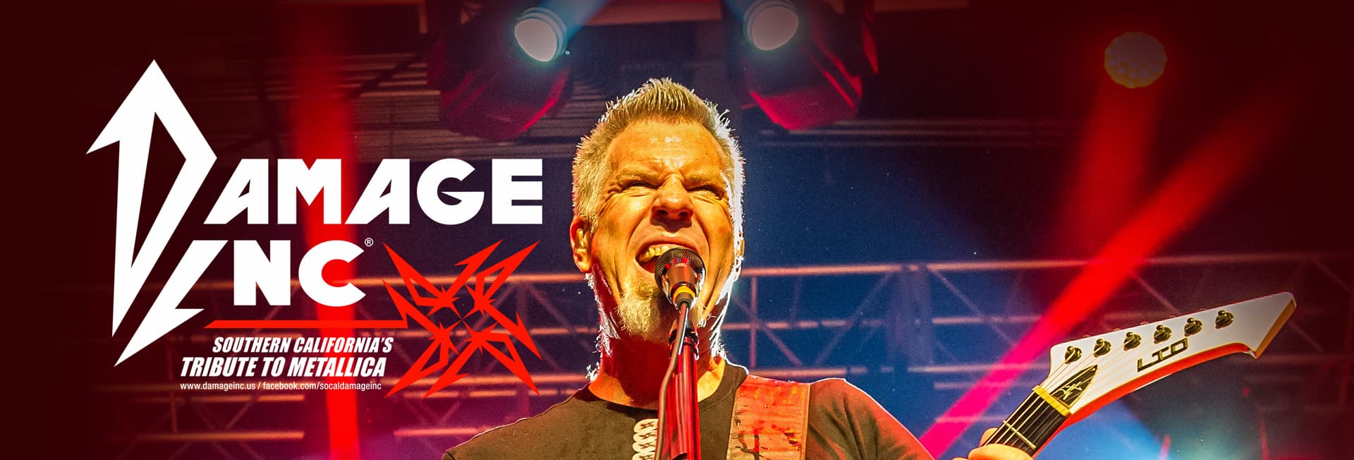 Guitarist performing onstage under red concert lights with the Damage Inc. logo and text promoting the Southern California Metallica tribute band.