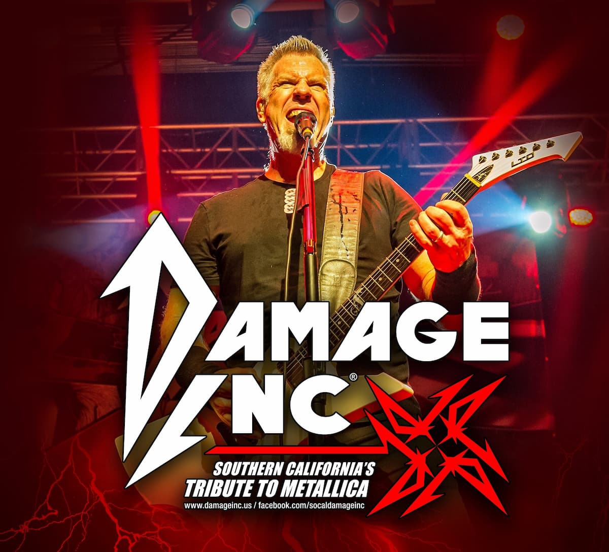 Guitarist performing onstage under red concert lights with the Damage Inc. logo and text promoting the Southern California Metallica tribute band.
